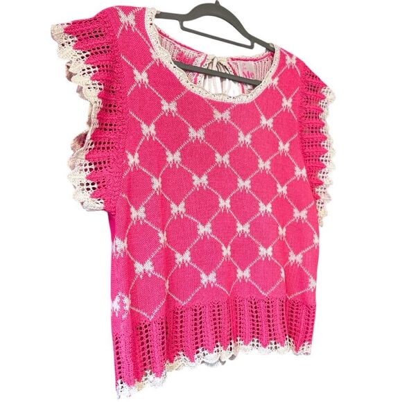 SO ME Pink Bow Ribbon Pattern Sweater Top with Back Key Hole Size Large NWT - Picture 6 of 13
